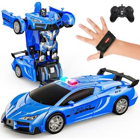 Tecnock Remote Control Car - Gesture Sensing, Transform RC Cars for Kids, 2.4GHz One Button Transformation Robot Toy with LED Lights, Police Car Toy Gift for Age 8-12 Boys,Girls