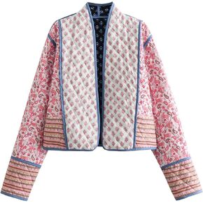 OPCAKM Women's Cropped Floral Print Quilted Jacket Lightweight Coats Open Front Puffer Outerwear in Kuwait