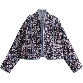 OPCAKM Women's Cropped Floral Print Quilted Jacket Lightweight Coats Open Front Puffer Outerwear