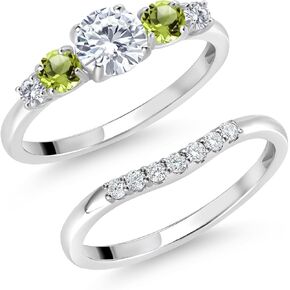 Gem Stone King 10K White Gold White Lab Grown Diamond and Green Peridot 5 Stone Bridal Engagement Wedding Ring Set For Women (0.85 Cttw, Round: 5MM and 3MM, Available in Size 5,6,7,8,9)
