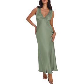 BAGONE Summer Satin Lace V Neck Backless Wedding Guest Maxi Dresses for Women Elegant Sleeveless Open Back Cocktail Dress
