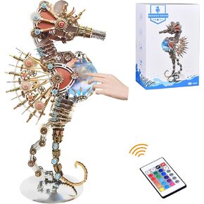 3D Metal Puzzles for Adults, Unique Gift for Men Women Hobbies Christmas Halloween Decorations Indoor Night Light, Mechanical Seahorse Model Buildings with LED Lamp, DIY Craft Difficult Model Kits