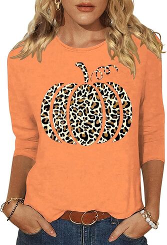 Woffccrd Womens Casual Halloween 3/4 Sleeve Crew Neck Tee Shirts Leopard Pumpkin Shirts Thanksgiving Fall Tops in Saudi Arabia