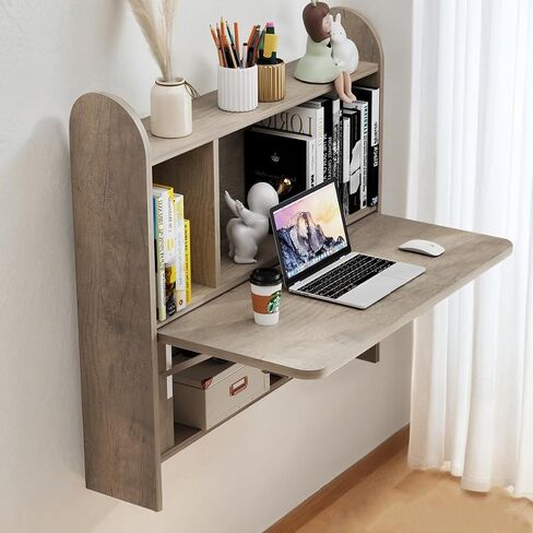 Wall Mounted Drop-Leaf Table, Floating Laptop Desk, Folding Table with Shelves, Multifunctional Computer Workstation with Storage Compartments in Home Office for Space Saving (Walnut) in Saudi Arabia