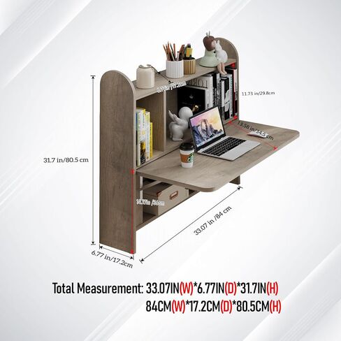 Wall Mounted Drop-Leaf Table, Floating Laptop Desk, Folding Table with Shelves, Multifunctional Computer Workstation with Storage Compartments in Home Office for Space Saving (Walnut) in Saudi Arabia