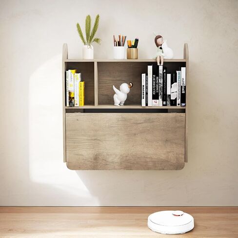Wall Mounted Drop-Leaf Table, Floating Laptop Desk, Folding Table with Shelves, Multifunctional Computer Workstation with Storage Compartments in Home Office for Space Saving (Walnut) in Saudi Arabia
