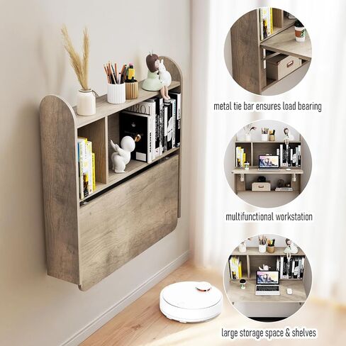 Wall Mounted Drop-Leaf Table, Floating Laptop Desk, Folding Table with Shelves, Multifunctional Computer Workstation with Storage Compartments in Home Office for Space Saving (Walnut) in Saudi Arabia
