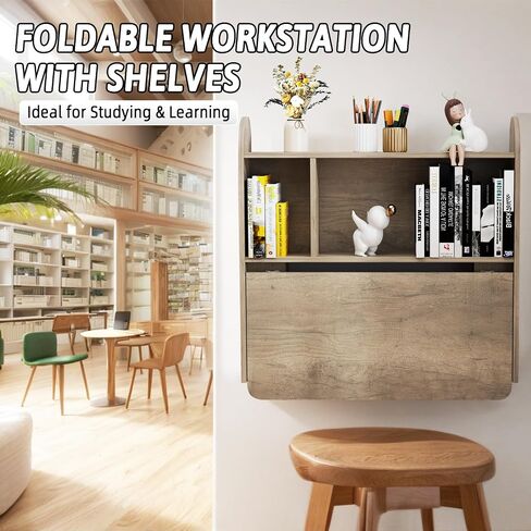 Wall Mounted Drop-Leaf Table, Floating Laptop Desk, Folding Table with Shelves, Multifunctional Computer Workstation with Storage Compartments in Home Office for Space Saving (Walnut) in Saudi Arabia