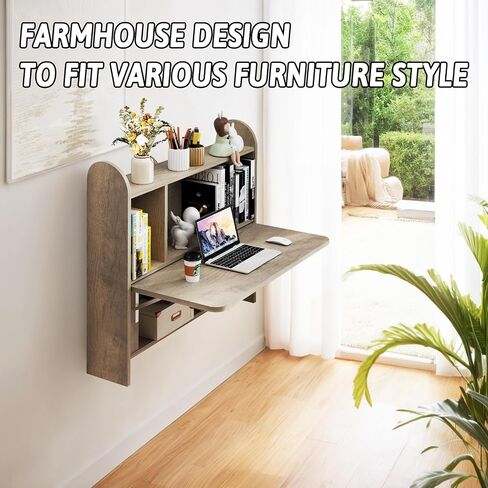 Wall Mounted Drop-Leaf Table, Floating Laptop Desk, Folding Table with Shelves, Multifunctional Computer Workstation with Storage Compartments in Home Office for Space Saving (Walnut) in Saudi Arabia