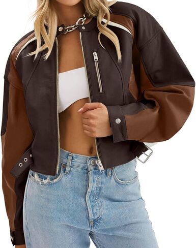 Tankaneo Womens Faux Leather Bomber Jackets Cropped Zip Up Color Block Fall Casual Moto Biker Coats in Saudi Arabia