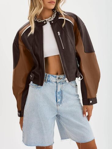 Tankaneo Womens Faux Leather Bomber Jackets Cropped Zip Up Color Block Fall Casual Moto Biker Coats in Saudi Arabia