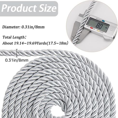 GORGECRAFT 20 Yards Trim Cord 8mm/0.31" Polyester Twist Lip Twine Decorative Braided Rope Thread String Ribbon for Home Decor Curtain Tieback Upholstery Accessories Sewing Crafts Silver in Saudi Arabia