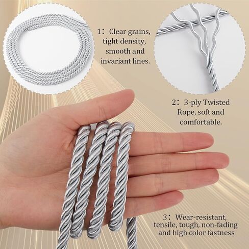 GORGECRAFT 20 Yards Trim Cord 8mm/0.31" Polyester Twist Lip Twine Decorative Braided Rope Thread String Ribbon for Home Decor Curtain Tieback Upholstery Accessories Sewing Crafts Silver in Saudi Arabia