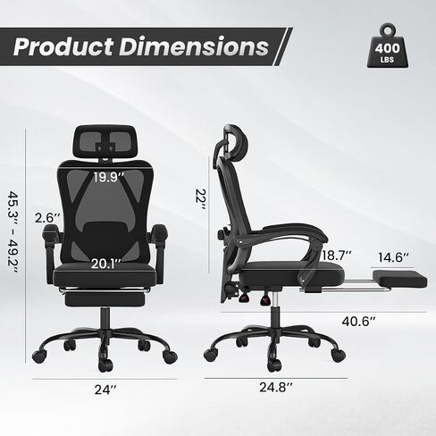 Farini Ergonomic Office Chair with Footrest, Mesh Office Desk Chair with Headrest, High Back Computer Chair with Adjustable Lumbar Support.for Home Office Study Room Bedroom (with footrest, Gray) in Saudi Arabia