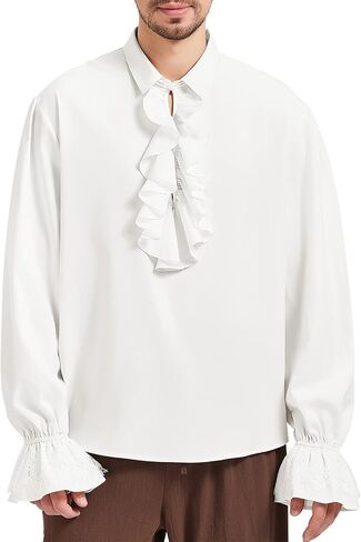 Mens Pirate Ruffle Shirt Renaissance Outfit Medieval Costume Steampunk Vampire Poet Shirts Halloween Tops in Saudi Arabia