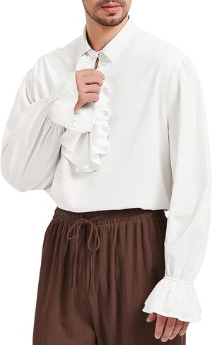 Mens Pirate Ruffle Shirt Renaissance Outfit Medieval Costume Steampunk Vampire Poet Shirts Halloween Tops in Saudi Arabia