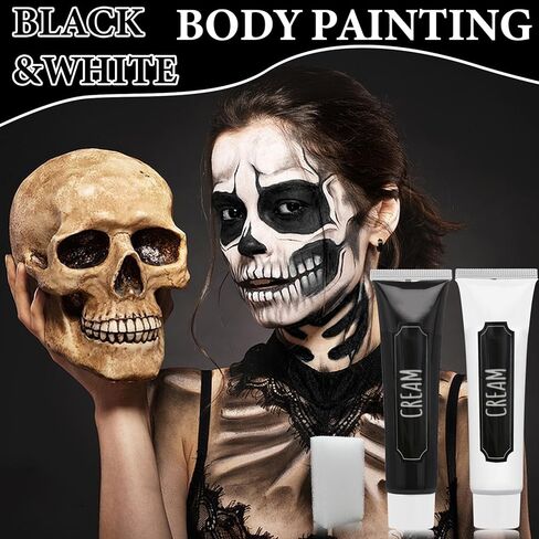 Black White Face Body Paint Set,2 Pcs Professional Halloween Face Painting Kit with Sponge,for Costume Zombie Clown Cosplay Party Festivals Face Paint SFX Halloween Makeup Kit in Kuwait