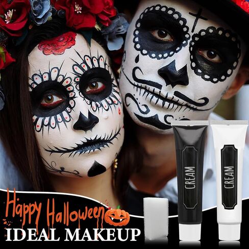 Black White Face Body Paint Set,2 Pcs Professional Halloween Face Painting Kit with Sponge,for Costume Zombie Clown Cosplay Party Festivals Face Paint SFX Halloween Makeup Kit in Kuwait