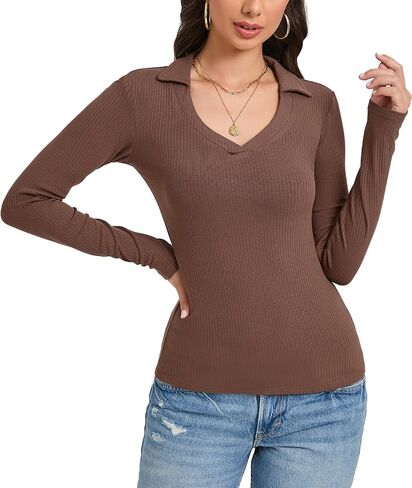 Beauhuty Womens V Neck Long Sleeve Polo Shirts Casual Fall Ribbed Knit Slim Fitted Basic Collared Tops in Kuwait