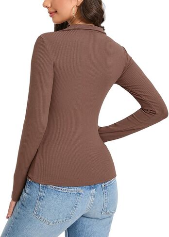 Beauhuty Womens V Neck Long Sleeve Polo Shirts Casual Fall Ribbed Knit Slim Fitted Basic Collared Tops in Kuwait