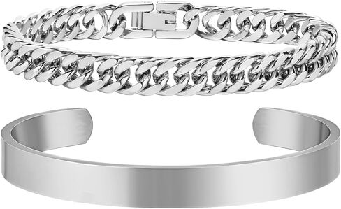 أساور رجالي قطعتين هدايا تخرج له - أساور من الفولاذ المقاوم للصدأ للرجال سلسلة ربط كوبية قابلة للتعديل، هدايا مجوهرات لصديق المعلم والذكرى السنوية لعيد الميلاد 8 مم 7.5/8.5 بوصة in Kuwait