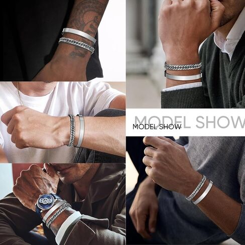 أساور رجالي قطعتين هدايا تخرج له - أساور من الفولاذ المقاوم للصدأ للرجال سلسلة ربط كوبية قابلة للتعديل، هدايا مجوهرات لصديق المعلم والذكرى السنوية لعيد الميلاد 8 مم 7.5/8.5 بوصة in Kuwait