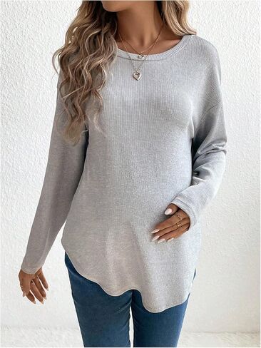 تي شيرت نسائي للحوامل من MakeMeChic بأكمام طويلة ورقبة دائرية وكتف منسدل وحاشية منحنية ملابس الحمل in Saudi Arabia