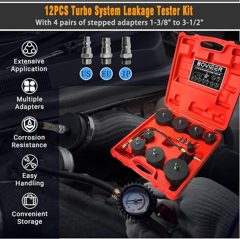 Turbo System Leakage Tester Kit, 12 Pcs Turbocharger Turbo Boost Leak Tester Set with 4 Pairs of Stepped Adapters 1-3/8" to 3-1/2", Turbo Pressure Cooling System Detector for Most Vehicles in Kuwait