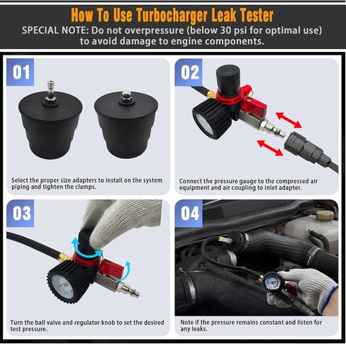 Turbo System Leakage Tester Kit, 12 Pcs Turbocharger Turbo Boost Leak Tester Set with 4 Pairs of Stepped Adapters 1-3/8" to 3-1/2", Turbo Pressure Cooling System Detector for Most Vehicles in Kuwait