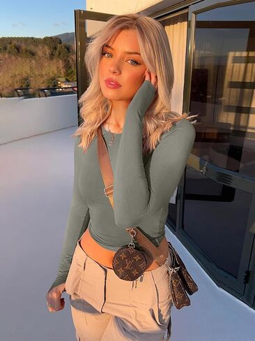 REORIA Long Sleeve Shirts for Women 2024 Fall Fashion Round Neck Basics Y2K Tops Layering Slim Fitted Top in Saudi Arabia