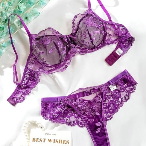 Cute Lingerie Sets for Women Sexy Matching See Through Bra and Pantsy Flowers Embroidery Push up Mesh Underwear 2pcs in Kuwait