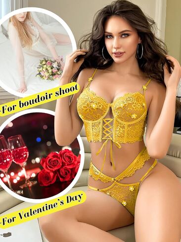3D Floral Lace Corset Lingerie,Underwire Sheer Bra And Panty Sets,2 Piece Sexy Boudoir Outfits For Women in Saudi Arabia