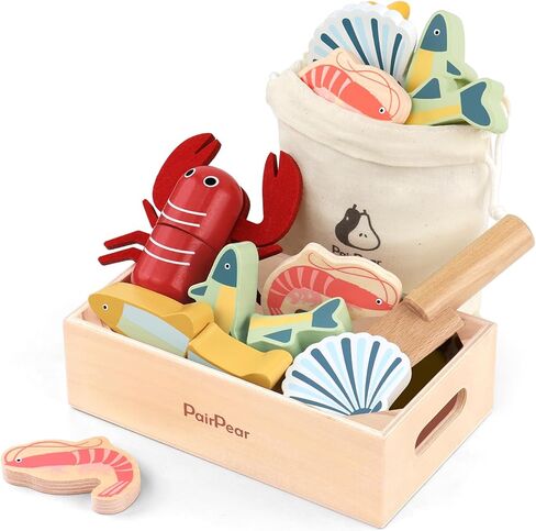 PairPear Wooden Play Food Cutting Seafood Set - Toddlers Wooden Toy Food Pretend Play Kitchen Accessories for 3 Years Old Boys Girls Early Education Toys Gift in Kuwait