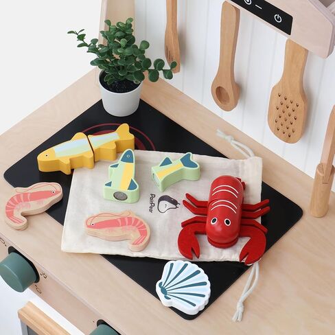 PairPear Wooden Play Food Cutting Seafood Set - Toddlers Wooden Toy Food Pretend Play Kitchen Accessories for 3 Years Old Boys Girls Early Education Toys Gift in Kuwait