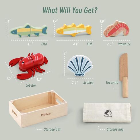 PairPear Wooden Play Food Cutting Seafood Set - Toddlers Wooden Toy Food Pretend Play Kitchen Accessories for 3 Years Old Boys Girls Early Education Toys Gift in Kuwait