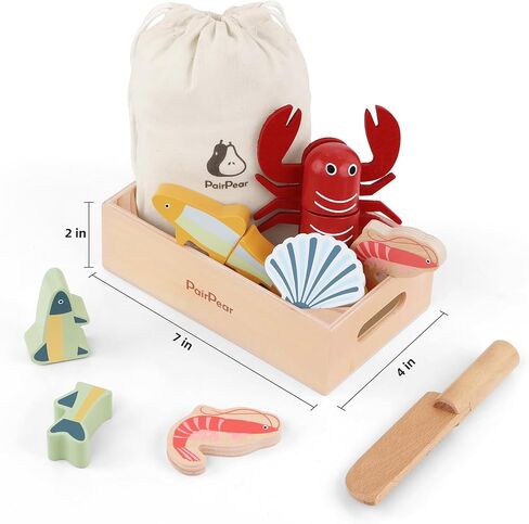 PairPear Wooden Play Food Cutting Seafood Set - Toddlers Wooden Toy Food Pretend Play Kitchen Accessories for 3 Years Old Boys Girls Early Education Toys Gift in Kuwait