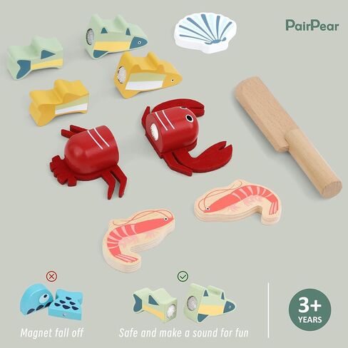 PairPear Wooden Play Food Cutting Seafood Set - Toddlers Wooden Toy Food Pretend Play Kitchen Accessories for 3 Years Old Boys Girls Early Education Toys Gift in Kuwait