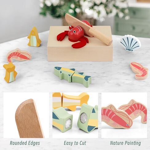 PairPear Wooden Play Food Cutting Seafood Set - Toddlers Wooden Toy Food Pretend Play Kitchen Accessories for 3 Years Old Boys Girls Early Education Toys Gift in Kuwait