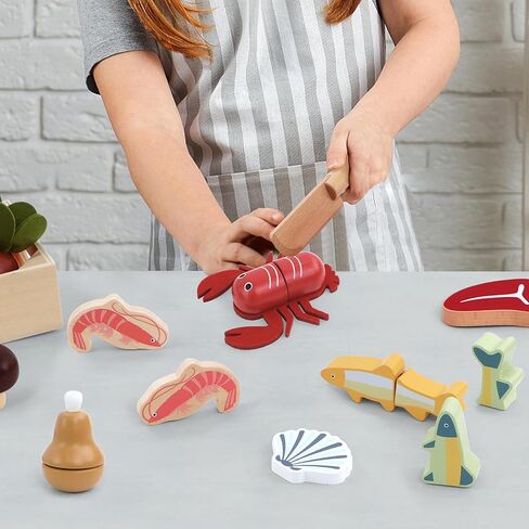 PairPear Wooden Play Food Cutting Seafood Set - Toddlers Wooden Toy Food Pretend Play Kitchen Accessories for 3 Years Old Boys Girls Early Education Toys Gift in Kuwait