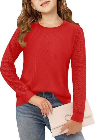 Haloumoning Girl's Waffle Knit Tops Lace Long Sleeve Blouses Crewneck Dress Casual Shirts for 5-14 Years in Saudi Arabia