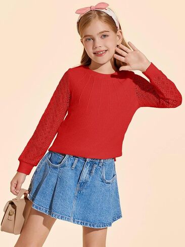 Haloumoning Girl's Waffle Knit Tops Lace Long Sleeve Blouses Crewneck Dress Casual Shirts for 5-14 Years in Saudi Arabia