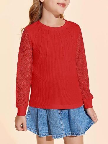 Haloumoning Girl's Waffle Knit Tops Lace Long Sleeve Blouses Crewneck Dress Casual Shirts for 5-14 Years in Saudi Arabia