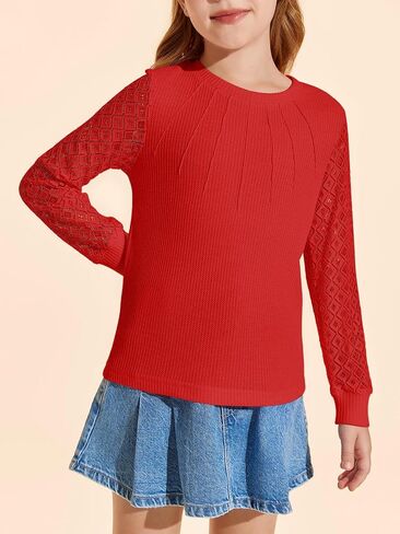 Haloumoning Girl's Waffle Knit Tops Lace Long Sleeve Blouses Crewneck Dress Casual Shirts for 5-14 Years in Saudi Arabia
