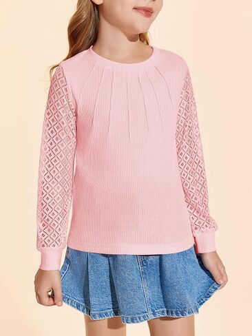 Haloumoning Girl's Waffle Knit Tops Lace Long Sleeve Blouses Crewneck Dress Casual Shirts for 5-14 Years in Saudi Arabia