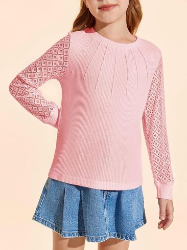 Haloumoning Girl's Waffle Knit Tops Lace Long Sleeve Blouses Crewneck Dress Casual Shirts for 5-14 Years in Saudi Arabia
