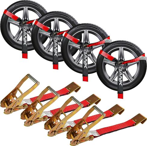 Car Tie Down Straps for Trailers (4PK) Flat Hooks Lasso Style and 2'' X 96'' Tie Down Webbing Easily Secure Tire Tie-Downs for Any Car, SUV, Jeep or Sports Car in Kuwait