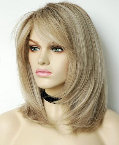 Wigs for white women blonde bob wig medium length wigs for women Sandy blonde with dark roots Synthetic wig for white Women (Sandy bob) in Kuwait