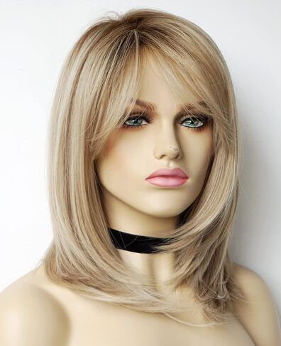 Wigs for white women blonde bob wig medium length wigs for women Sandy blonde with dark roots Synthetic wig for white Women (Sandy bob) in Kuwait
