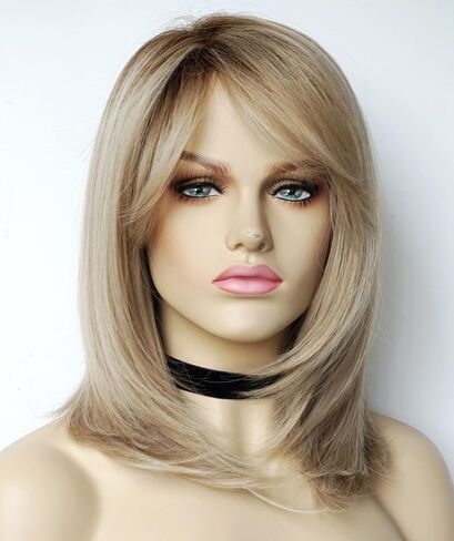 Wigs for white women blonde bob wig medium length wigs for women Sandy blonde with dark roots Synthetic wig for white Women (Sandy bob) in Kuwait