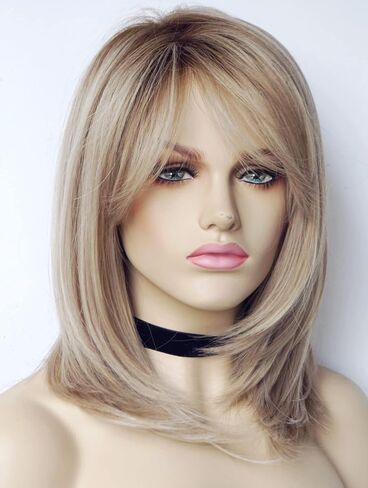 Wigs for white women blonde bob wig medium length wigs for women Sandy blonde with dark roots Synthetic wig for white Women (Sandy bob) in Kuwait